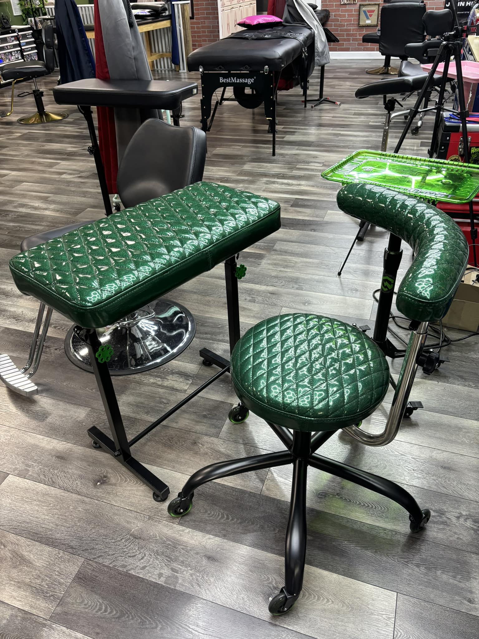 Custom green quilted tattoo station